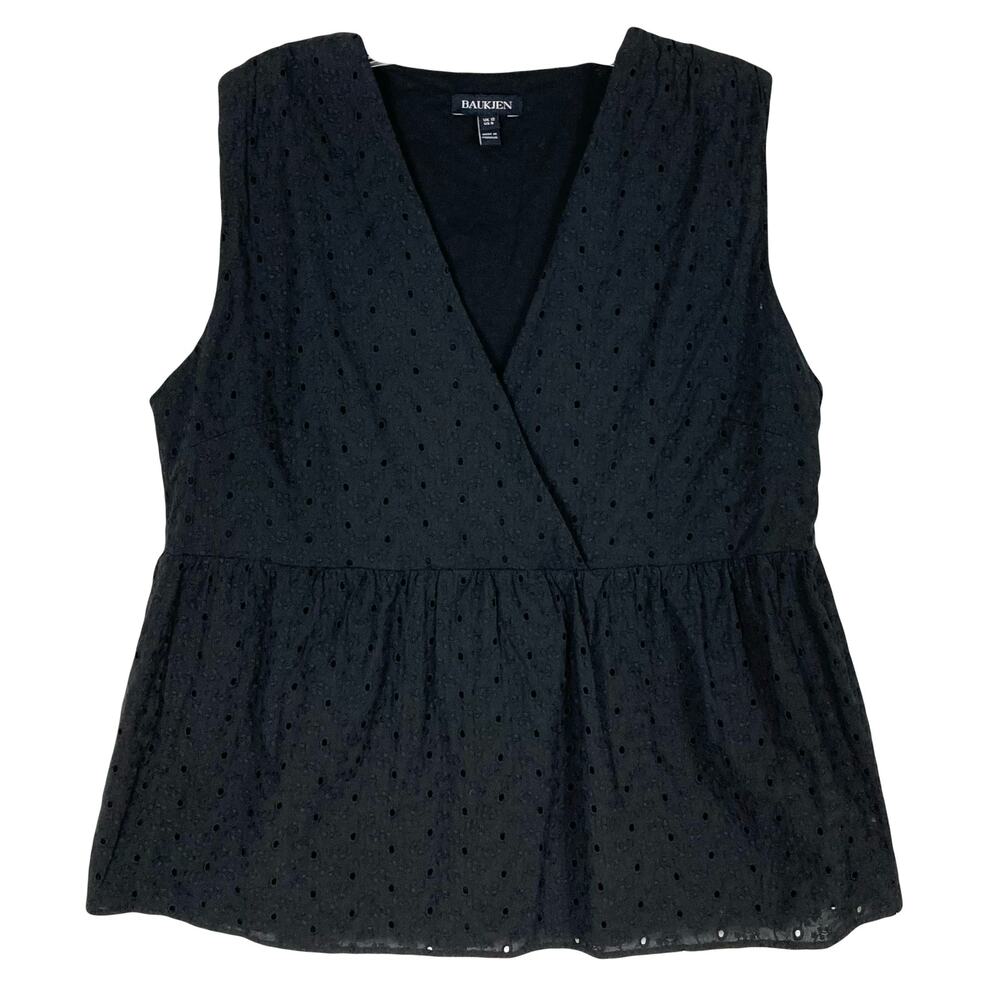 nwot BAUKJEN Top 8 Black Eyelet V Neck Cotton Lined Sleeveless England “Kloe”